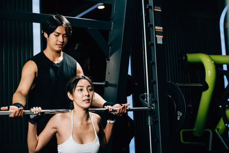 Asian woman performing a squat exercise with heavy weights and a barbell, assisted by a trainer in a gym setting. A man is also seen training and lifting a barbell for a woman at a fitness gym center.の写真素材