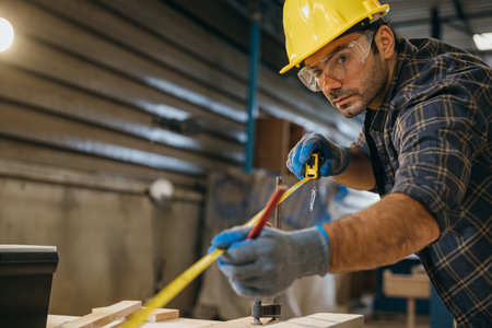 Carpenter wearing a yellow hard hat and safety glasses measuring wood with tape measure. Ideal for woodworking, furniture making, and cabinetry, showcasing precisionの写真素材