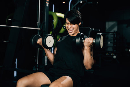 Asian man muscular lifting dumbbell on bench in fitness gym, Happy young men doing strength training press exercise with dumbbells in a gym, workout weight training healthy lifestyle conceptの写真素材