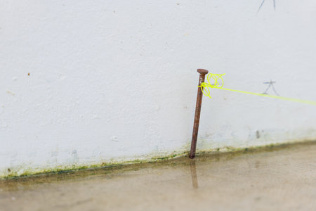 A close-up of a nail intersected by yellow lines, emphasizing alignment.の写真素材