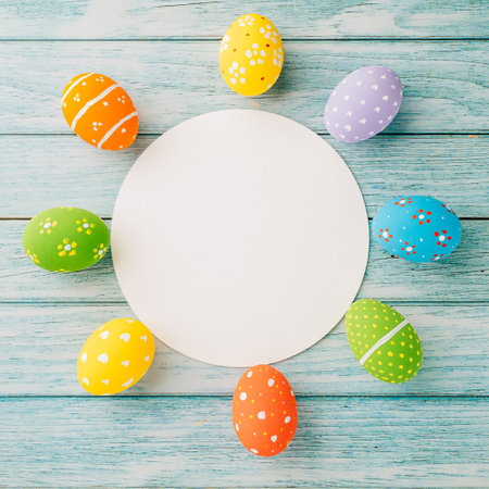 Easter Day Concept. Flat lay holiday banner background web design white colorful easter eggs composition with paper circle blank on blue wood background with empty copy space, greeting cardの写真素材
