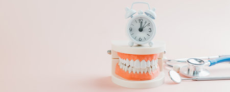 Dentist promotes healthcare awareness with a teeth model and alarm clock dentistry highlights oral...