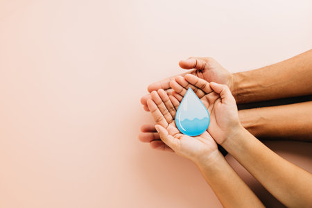 Celebrate World Water Day with two pairs of hands holding a water droplet cutout. Advocating to save water, ensure hygiene, and support CSR efforts for a clean and sustainable world.の写真素材