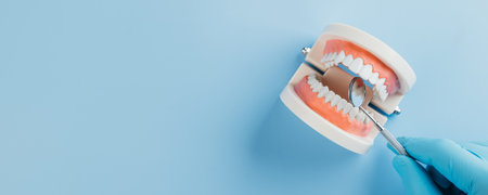 Dentist Day, a gloved dentist hand holds a dental mirror beside a tooth model. Recognizing dentists,...