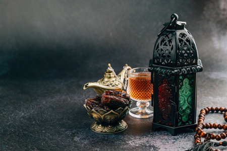 Elegant Ramadan decor with dates, lantern, beads, and lamp beautifully displayed on a dark background for celebration. Ramadan Holy Kareem Conceptの写真素材