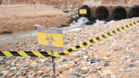 Close up of warning sign lable biohazard caution of collects sample of waste water from industrial,...