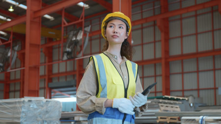 Asian worker woman with safety vest holding tablet computer walking to checking warehouse storage in...