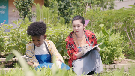 Happy children farmer hands holding magnifying glass and looking at vegetables in hydroponics farm,...