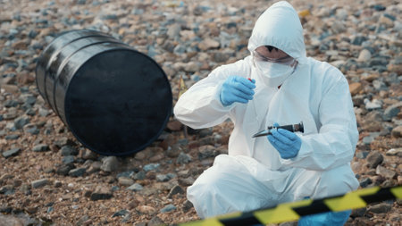 Ecologist sampling water from the river to test water quality, Biologist in protective suit and mask collects sample of waste water from industrial site for pH measurement, addressing environmental problemsの写真素材