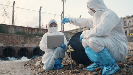 Ecologist samples water from the river and checks affected cases in the laboratory. Biologist wears protective suit and mask and collects samples of wastewater from industry, environmental problem.の写真素材