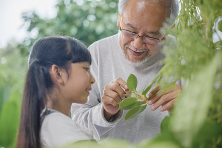 Asian young attractive girl and grandfather standing beside a green potted plant at home held, World Environment Day conceptの写真素材