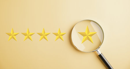 Customer uses magnifier glass to focus on five stars icon rating service. Satisfaction evaluation survey and review. Excellent rating. User gives feedback for good business network score.の写真素材