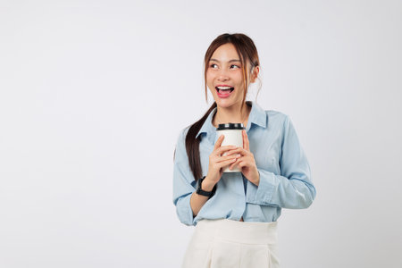 Coffee portrait of laughing woman, holding takeaway coffee cup, full of excitement, perfect for tea...