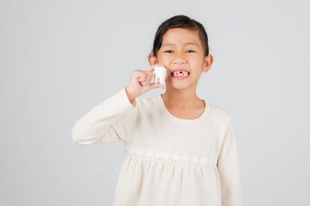 Happy kid girl shows missing teeth to dentist, holding tooth model in hand. Cute smile with gap, concept of child development, dental care, and tooth loss in children. isolated white backgroundの写真素材