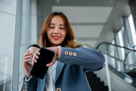 Businesswoman multitasking with smartwatch and smartphone while holding a cup of coffee. Modern office background. Perfect for technology and lifestyle themes.の写真素材