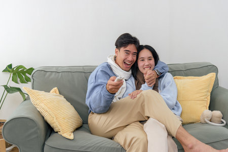 Winter couple, happy people enjoying cozy indoor family home comfort, embracing on sofa watching TV, creating heartwarming moments during cold winter day, perfect for quiet lifestyle.の写真素材