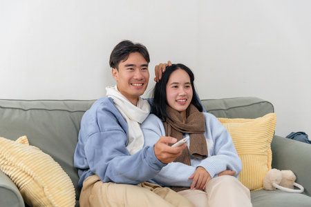 Winter day, happy couple, small family, home, people relax indoors enjoying entertainment, watching...