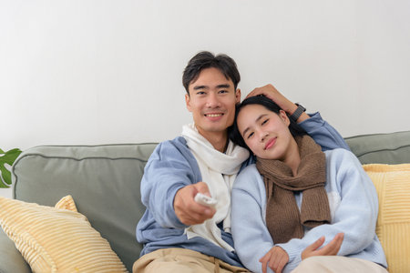 Winter day, happy couple family people enjoy cozy home indoor comfort, relaxing on sofa, watching entertainment during cold weather, creating warm memories this peaceful winter time.の写真素材