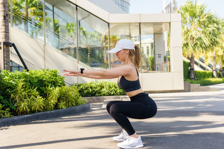 Sport woman, fit people exercise, powerful workout outdoor, female shows strength, sport devotion for healthy lifestyle, urban activity, warm sunny day.の写真素材