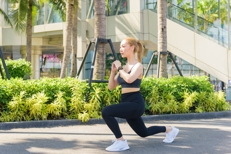 Sport woman performs outdoor exercise workout, fit person does lunge to stretch, focused on active fitness, gaining full body stretch, inspiring healthy people.の写真素材