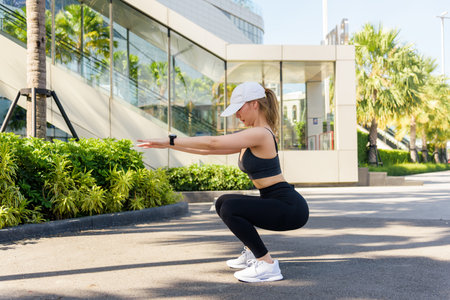 Fit woman performs challenging sport exercise workout outdoor, doing squats for strength training amidst modern city environment, fit individual embracing active healthy lifestyle for people.の写真素材