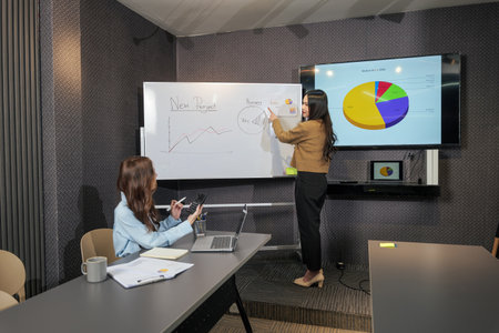 Busy business women meet, team people working on project, conducting professional meeting, woman...