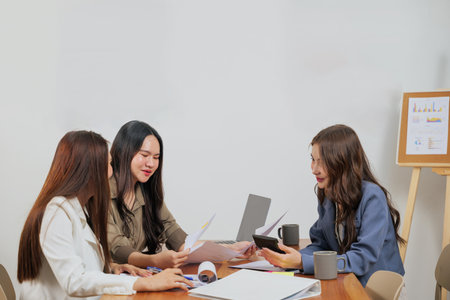 Busy office work people meet, team women collaborate on market analysis, planning business strategy...