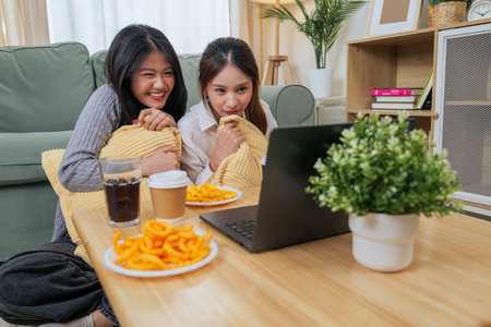 Two young women enjoy eating crunchy snacks, sipping cool drinks, watching engaging program on laptop screen, friends share laughter and good times relaxing in comfortable living room.の写真素材