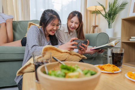 Two young women enjoy game on phone, eat food, read book, share happy time with friend, smiling people relax at home in cozy living room, comfy sofa, casual clothes, warm light, evening entertainment.の写真素材