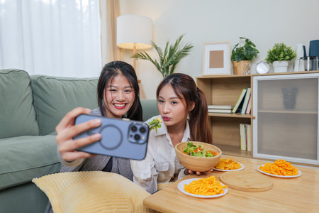 Two young Asian women enjoy eating food, friends capture selfie with smartphone, meal in cozy living...