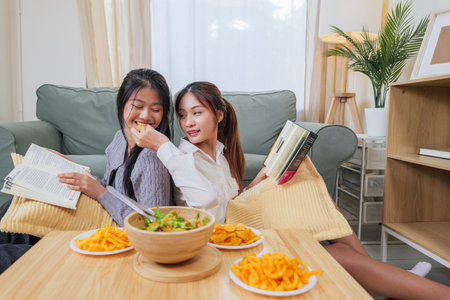 Two young women enjoy eating delicious snacks, friends share food and happy moments, reading books while relaxing on floor, cozy living room scene showing people bonding.の写真素材