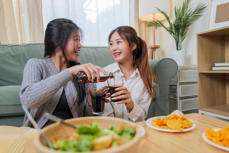 Two happy women enjoy eating food, drinking soda, sharing fun time with friend, one girl pours drink...