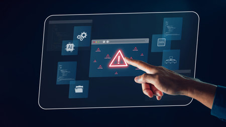 Cybersecurity risk alert displays digital threat as hand touches glowing red system warning icon on...