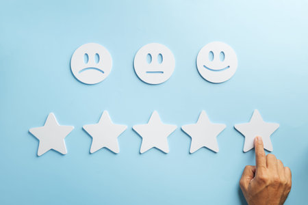 Satisfaction customer service experience, hand giving five star rating for excellent quality product...