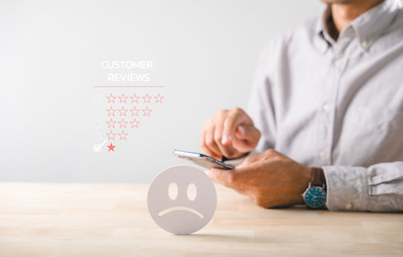 Review highlights unhappy customer negative feedback one star, man uses phone for bad experience...