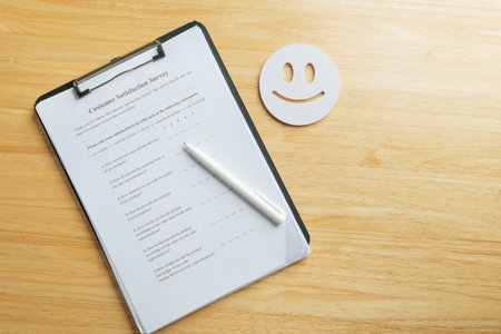 Feedback shows customer satisfaction survey form with pen, happy face icon, ideal for collecting...