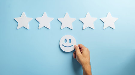 Feedback concept shows hand placing happy face beneath five white stars representing excellent...