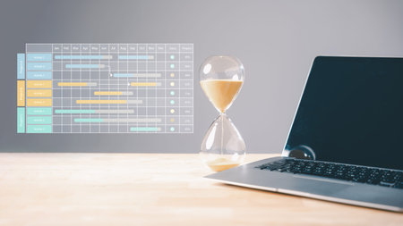 Deadline countdown, hourglass timer shows sand falling, laptop displays intricate business project...