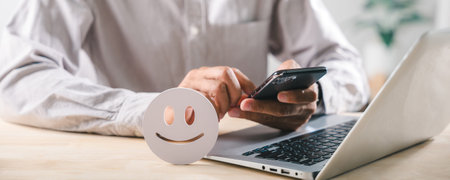Positive customer feedback satisfaction for online service evaluation, happy client review concept,...