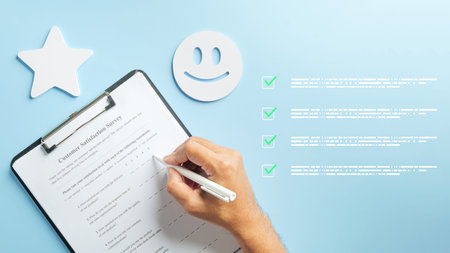 Hand completes customer satisfaction survey form on clipboard, providing valuable feedback with...