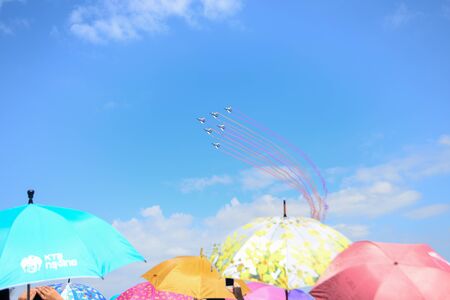 NAKHON RATCHASIMA 27 NOVEMBER :The display of aerobatics shared between the F-16, Gripen and August 1st Aerobatic team on of - China on Novemberber 27, 2015 in Nakhonratchasima Thailand.のeditorial素材