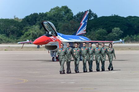 NAKHON RATCHASIMA 27 NOVEMBER :The display of aerobatics shared between the F-16, Gripen and August 1st Aerobatic team on of - China on Novemberber 27, 2015 in Nakhonratchasima Thailand.のeditorial素材