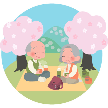 Elderly enjoy enjoying seeing cherry blossomのイラスト素材