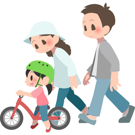 Girls balance bike ride with my parents keep an eye onのイラスト素材