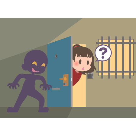Suspicious person hiding in the blind spot of the doorのイラスト素材