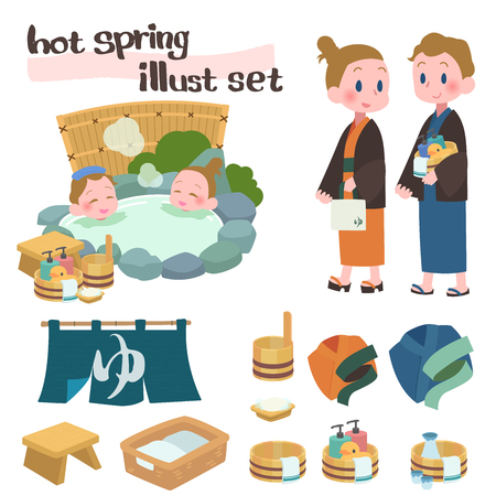 Open-air baths hot springs travel male and female aliens setのイラスト素材