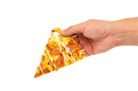 man hand hold pizza isolate on white backgroundの写真素材