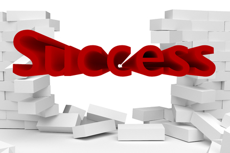 Destruction of a white brick wall on white background with red success textの写真素材