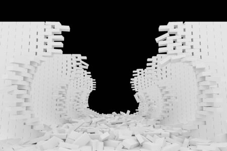 Destruction of a white brick wall on black backgroundの写真素材