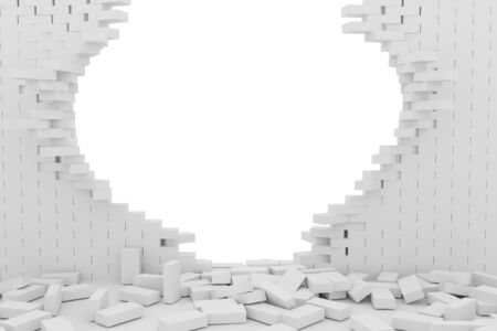 3D rendering Destruction of a white brick wall on white backgroundの写真素材